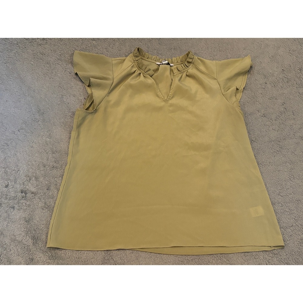 Nine West Womens Olive Green Ruffle Neck Flutter Sleeve Blouse Large RN73277